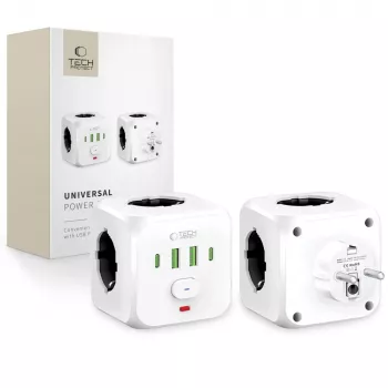 TECH-PROTECT PCL3X4 podaljšek z 3 vtičnicami Schuko, 2 USB-A, 2 USB-C, 2m, bel