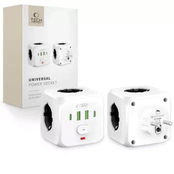 TECH-PROTECT PCL3X4 podaljšek z 3 vtičnicami Schuko, 2 USB-A, 2 USB-C, 2m, bel