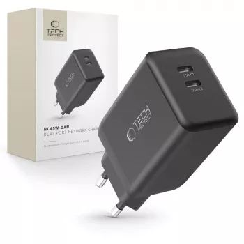 TECH-PROTECT NC45W-GAN 2-portni omrežni polnilnik PD 45W, črn
