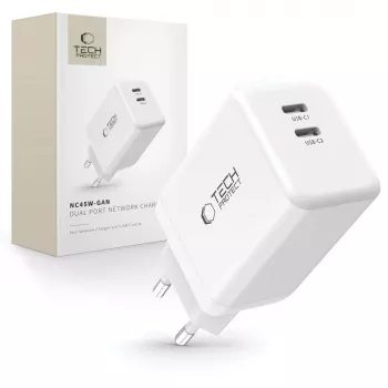 TECH-PROTECT NC45W-GAN 2-portni omrežni polnilnik PD 45W, bel