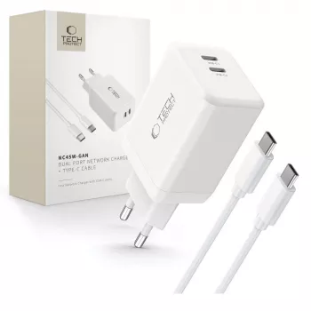 TECH-PROTECT NC45W-GAN 2-portni omrežni polnilnik PD 45W + kabel USB-C, bel