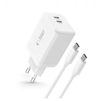 TECH-PROTECT NC45W-GAN 2-portni omrežni polnilnik PD 45W + kabel USB-C, bel