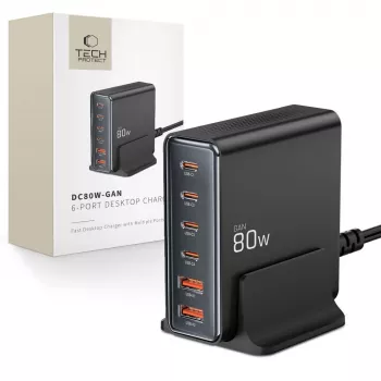 Tech-Protect DC80W-GAN 6-portni polnilnik GaN 80W USB-C, črn