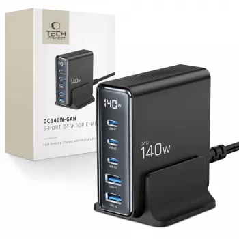 TECH-PROTECT DC140W-GAN 5-portni namizni polnilnik PD 140W / QC3.0, črn