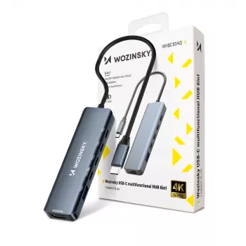 WOZINSKY WHBC10Y4S USB-C zvezdišče 6-v-1 večfunkcijsko aluminijasto s 15 cm kablom - sivo