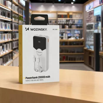 Powerbank Wozinsky WFC-15W 20000mAh 22,5W PD20W z vgrajenima kabloma Lightning in USB-C – bel