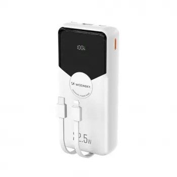Powerbank Wozinsky WFC-15W 20000mAh 22,5W PD20W z vgrajenima kabloma Lightning in USB-C – bel