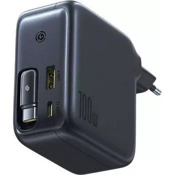 Baseus EnerCore CJ11 100W GaN napajalnik z izvlečnim USB-C kablom, 2 USB-C in 1 USB-A priključek, črn