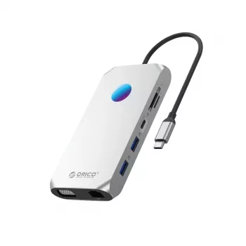ORICO XCR 12-v-1 USB-C priklopna postaja z RGB, 2x USB-A 3.1, 1x USB-A 2.0, 1x USB-C PD 100W, 1x USB-C 3.1, 2x HDMI 2.0 4K 60Hz, 1x VGA 1080p, 1x microSD/SD 3.0, 1x RJ45 Gigabit Ethernet, 1x avdio CTIA 3,5mm – siva