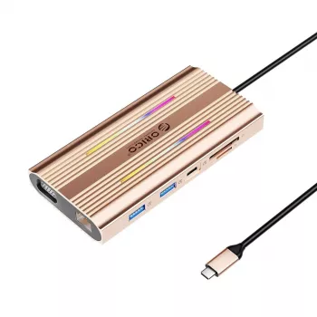 ORICO XDR 12-v-1 USB-C priklopna postaja RGB, 2x USB-A, 1x USB-C PD 100W, 2x HDMI 4K 60Hz, VGA, RJ45 Gigabit, bralnik kartic SD in microSD – rožnato zlata
