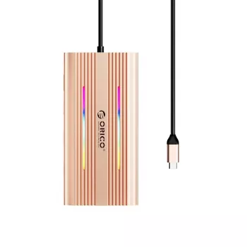 ORICO XDR 12-v-1 USB-C priklopna postaja RGB, 2x USB-A, 1x USB-C PD 100W, 2x HDMI 4K 60Hz, VGA, RJ45 Gigabit, bralnik kartic SD in microSD – rožnato zlata