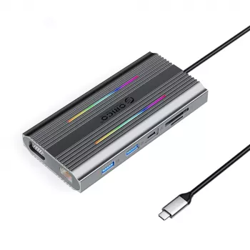 ORICO XCR 12-v-1 USB-C priklopna postaja z RGB, 3x USB-A, USB-C PD 100W, HDMI 4K, VGA, RJ45 Gigabit, bralnik kartic SD/microSD – siva