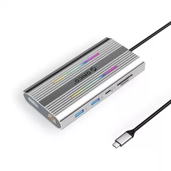 ORICO XDR 12-v-1 USB-C priklopna postaja z RGB, 2x HDMI 4K 60Hz, DisplayPort 4K 60Hz, RJ45 Gigabit, PD 100W, bralnik kartic SD/microSD – srebrna