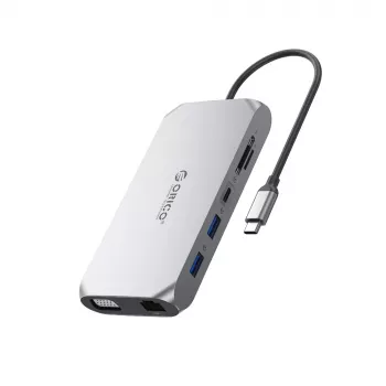 ORICO XCR 12-v-1 USB-C priklopna postaja, 2x USB-A 3.1, 1x USB-A 2.0, 1x USB-C PD 100W, 1x USB-C 3.1, 2x HDMI 2.0 4K 60Hz, 1x VGA 1080p, SD/microSD 3.0, RJ45 Gigabit Ethernet, 3,5mm avdio, siva