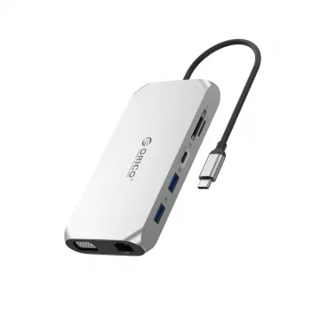 ORICO XCR 12-v-1 USB-C priklopna postaja, 3x USB-A 3.1, 1x USB-A 2.0, 1x USB-C PD 100W, 1x USB-C 3.1, 1x HDMI 1.4 4K 30Hz, 1x VGA 1080p, SD/microSD 3.0, RJ45 Gigabit, 3,5mm avdio, srebrna