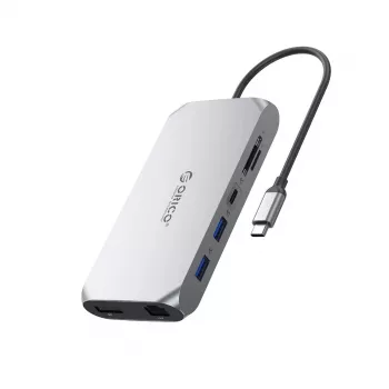 ORICO XCR 12-v-1 USB-C priklopna postaja 2x USB-A 3.1 1x USB-A 2.0 1x USB-C PD 100W 1x USB-C 3.1 2x HDMI 2.0 4K 60Hz 1x DisplayPort 1.4 4K 60Hz 1x SD 3.0 1x microSD 3.0 1x RJ45 Gigabit Ethernet 1x avdio CTIA 3,5mm – siva