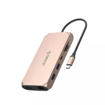 ORICO XCR 12-v-1 USB-C priklopna postaja, 2x USB-A 3.1, 1x USB-A 2.0, 1x USB-C PD 100W, 1x USB-C 3.1, 2x HDMI 2.0 4K 60Hz, 1x DisplayPort 1.4 4K 60Hz, SD/microSD 3.0, RJ45 Gigabit Ethernet, 3,5mm avdio, rožnato zlata