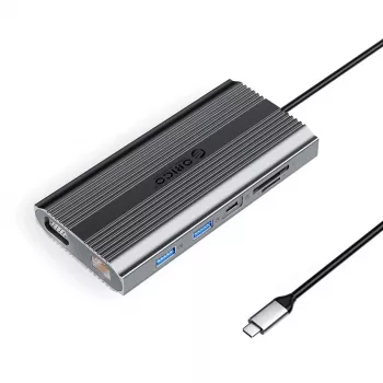 ORICO XDR 12-v-1 USB-C priklopna postaja z USB-A, USB-C PD 100W, HDMI 4K, VGA, RJ45 Gigabit, bralnik kartic SD in microSD – siva
