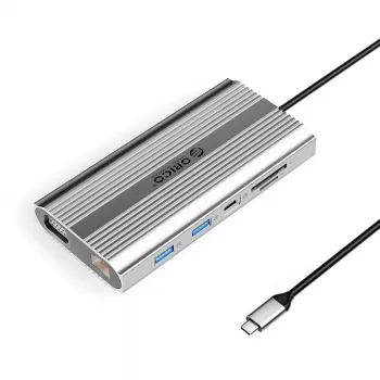 ORICO XDR 12-v-1 USB-C priklopna postaja s 4K HDMI, VGA, Gigabit Ethernet, 100W PD, bralnik kartic SD/microSD – srebrna