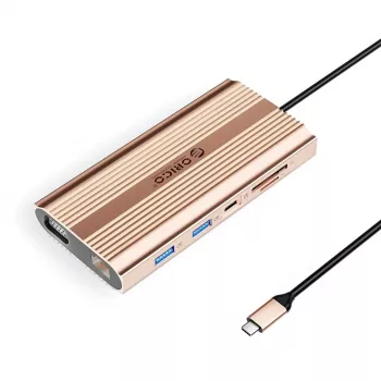 ORICO XDR 12-v-1 USB-C priklopna postaja s 100W PD, HDMI 4K, VGA, Gigabit Ethernet, bralnik kartic SD/microSD – rožnato zlata