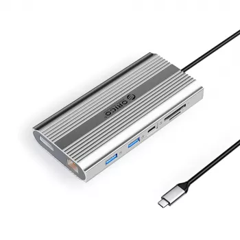 ORICO XDR 12-v-1 USB-C priklopna postaja, 2x HDMI 4K 60Hz, DisplayPort 4K 60Hz, RJ45 Gigabit, PD 100W, bralnik kartic SD/microSD, srebrna
