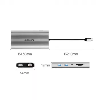 ORICO XDR 12-v-1 USB-C priklopna postaja, 2x HDMI 4K 60Hz, DisplayPort 4K 60Hz, RJ45 Gigabit, PD 100W, bralnik kartic SD/microSD, srebrna