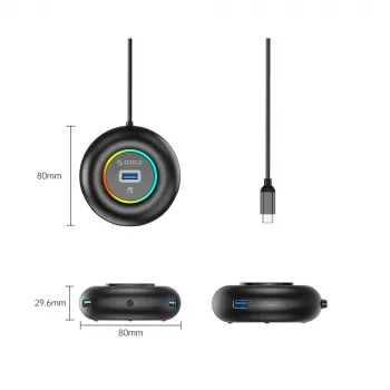 ORICO YXR4-C3 RGB 4-portni USB-A 3.0 razdelilnik z avdio/mikrofonskim priključkom, 1,8 m kabel – črn