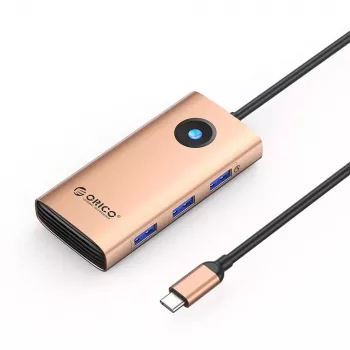ORICO PW11 6-v-1 USB-C razdelilnik, 3x USB-A 3.0, 1x USB-C PD 100W, 1x HDMI 4K 30Hz, 1x RJ45 Gigabit Ethernet, rožnato zlata