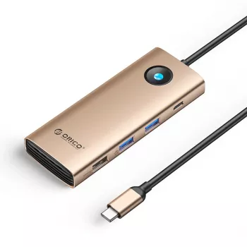 ORICO PW11 USB-C razdelilnik 8-v-1 z 2x USB-A 3.0, 1x USB-A 2.0, 1x USB-C 3.0, 1x USB-C PD 100W, 1x HDMI 4K 60Hz, 1x VGA 1080P 60Hz, 1x RJ45 Gigabit Ethernet – rožnato zlata