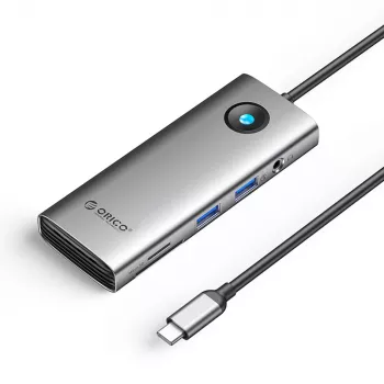 ORICO PW11 USB-C priklopna postaja 8-v-1, 2x USB-A 3.0, 1x USB-C PD 100W, 1x HDMI 4K 60Hz, 1x microSD/SD, 1x RJ45 Gigabit Ethernet, 1x avdio 3,5mm, siva