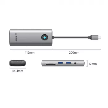 ORICO PW11 USB-C priklopna postaja 8-v-1, 2x USB-A 3.0, 1x USB-C PD 100W, 1x HDMI 4K 60Hz, 1x microSD/SD, 1x RJ45 Gigabit Ethernet, 1x avdio 3,5mm, siva