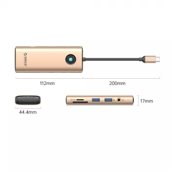 ORICO PW11 USB-C priklopna postaja 8 v 1, 2x USB-A 3.0, 1x USB-C PD 100W, 1x HDMI 4K 60Hz, 1x microSD/SD, 1x RJ45 Gigabit Ethernet, 1x avdio 3,5mm, rožnato zlata