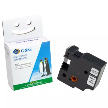 G&G etiketni trak 12mm x 7m bela na črni, združljiv z DYMO 45013