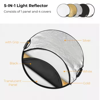 K&F Concept 5-v-1 okrogel fotografski reflektor z ročajem 80cm (32 inch) - zlat/srebrn/bel/črn/prosojen difuzor za portretno, studijsko in zunanjo fotografijo