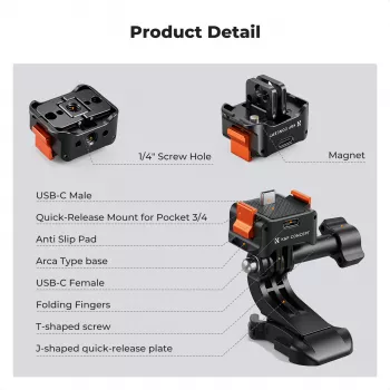 KF hitri vpenjalni adapter s funkcijo polnjenja USB-C za DJI Osmo Pocket 3/4, držalo GoPro, navoj 1/4 inch, črn