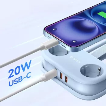 ORICO AP3 20W GaN podaljšek 5-v-1, 2x AC + 2x USB-A + 1x USB-C, modro