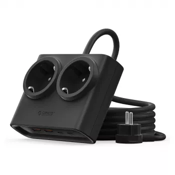 ORICO PDC25 25W 6-v-1 podaljšek z vtičnicami z 2 vtičnicama AC, 2 priključkoma USB-A in 2 priključkoma USB-C – črno