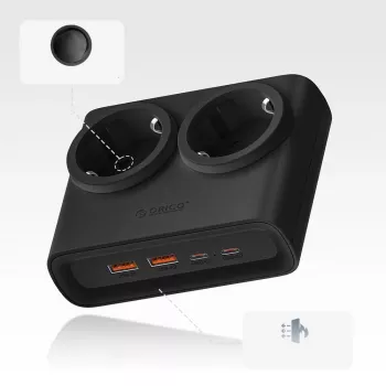 ORICO PDC25 25W 6-v-1 podaljšek z vtičnicami z 2 vtičnicama AC, 2 priključkoma USB-A in 2 priključkoma USB-C – črno