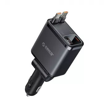 ORICO Twin Reach 45W USB-A + USB-C avtopolnilnik z dvema izvlečnima USB-C kabloma - črn