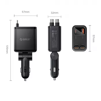 ORICO Twin Reach 45W USB-A + USB-C avtopolnilnik z dvema izvlečnima USB-C kabloma - črn