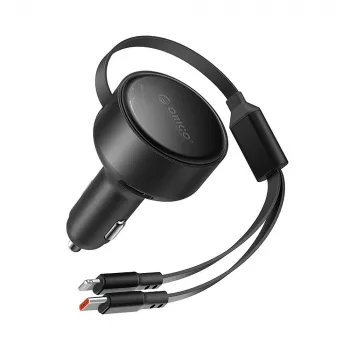 ORICO Dual Stretch 60W USB-C polnilnik za avto z dvema izvlečnima kabloma USB-C + Lightning, črn