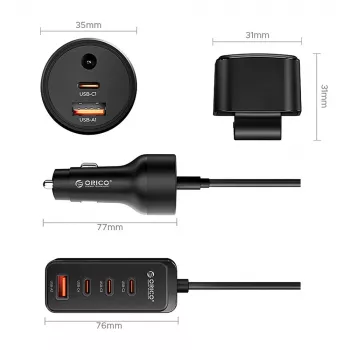 ORICO ChargeClip 108W polnilnik za avto s sponko, 2x USB-A + 4x USB-C, črn