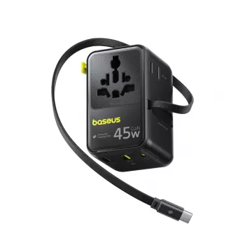 Baseus PicoGo AG11 45W 6-v-1 univerzalni potovalni adapter z izvlečnim USB-C kablom - črn
