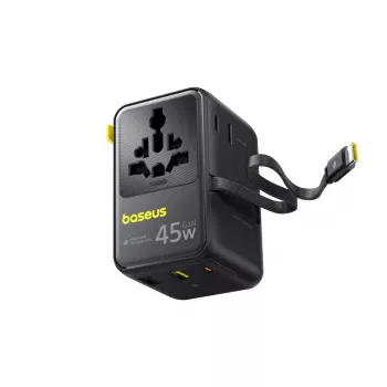 Baseus PicoGo AG11 45W 6-v-1 univerzalni potovalni adapter z izvlečnim USB-C kablom - črn