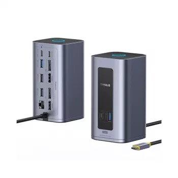 Baseus Nomos NU1 Air Spacemate 12-v-1 priklopna postaja USB-C, 2x HDMI 4K@60Hz, 2x DP 4K@60Hz, 2x USB-C, 2x USB-A 5Gbps, 2x USB-A 2.0, RJ45 Gigabit Ethernet, siva