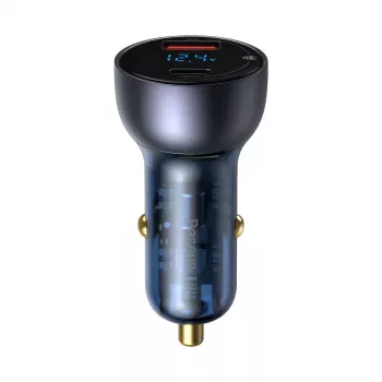Baseus Particular digitalni avtomobilski polnilnik z zaslonom, USB-C + USB-A, QC3.0+PD, 65W, siv