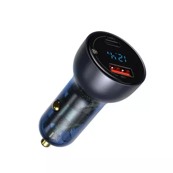 Baseus Particular digitalni avtomobilski polnilnik z zaslonom, USB-C + USB-A, QC3.0+PD, 65W, siv