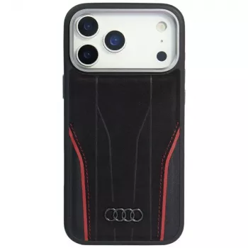 Audi R8 ovitek MagSafe iz pravega usnja za iPhone 15 Pro, črn z rdečimi poudarki