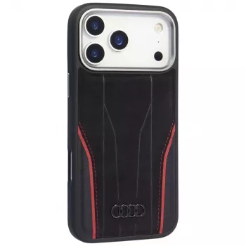 Audi R8 ovitek MagSafe iz pravega usnja za iPhone 15 Pro, črn z rdečimi poudarki