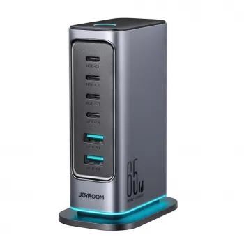 Joyroom JR-TCM02 GaN 65W polnilnik z več vrati 4x USB-C 2x USB-A vtič EU temno siva